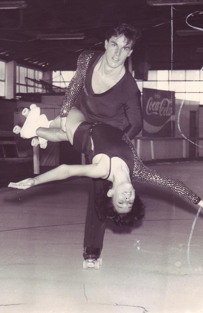 Burleigh resident Kirsten Murphy with David Morrison roller skating at Coolangatta's Rollerland. March 26, 1988.