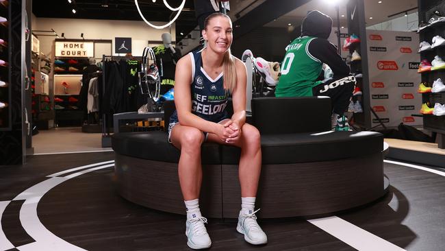 Geelong United’s inaugural signing Jaz Shelley at the WNBL 2024/25 season launch. Picture: Kelly Defina/Getty Images