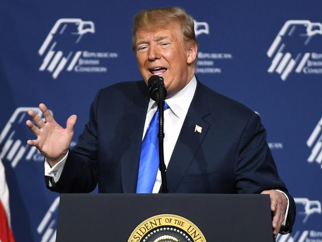 LAS VEGAS, NEVADA - APRIL 06: U.S. President Donald Trump speaks during the Republican Jewish Coalition's annual leadership meeting at The Venetian Las Vegas on April 6, 2019 in Las Vegas, Nevada. Trump has cited his moving of the U.S. embassy in Israel to Jerusalem and his decision to pull the U.S. out of the Iran nuclear deal as reasons for Jewish voters to leave the Democratic party and support him and the GOP instead.   Ethan Miller/Getty Images/AFP == FOR NEWSPAPERS, INTERNET, TELCOS & TELEVISION USE ONLY ==