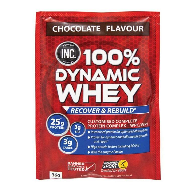 INC 100% Dynamic Whey Chocolate 36g Single Serve Sachet. Image: Chemist Warehouse