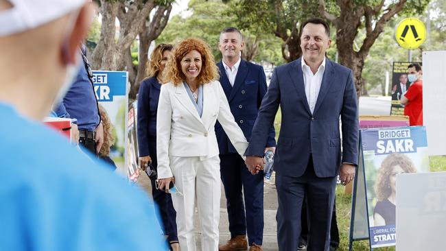 SUNDAY TELEGRAPH. FEBRUARY 12, 2022. Pictured at Chalmers Rd School in Strathfield today is Liberal Party Candidate for Strathfield, Bridget Sakr with her husband Craig Mackenzie. Picture: Tim Hunter.