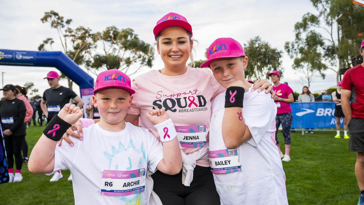 Archie, Bailey, Jenna Morgan and Julien Morgan participating in Mother's Day Classic 2025 at Bellerive Park. Picture: Caroline Tan