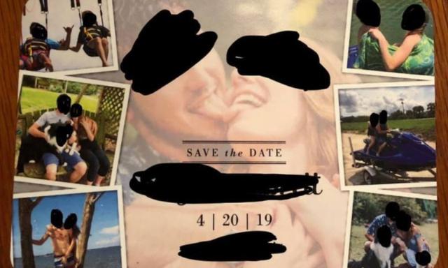 A wedding guest has slammed a 'trashy' invite which sees the bride and groom tonguing on the front. Source: Facebook