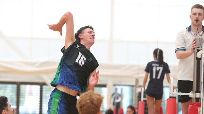 AVSC 2023 ,Australian Volleyball Schools Cup, first day of play at Carrara.  Heathfield (light Blue) v  Lake Ginninderra College. Picture Glenn Hampson