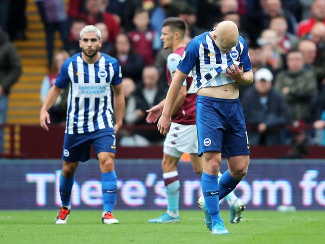 BIRMINGHAM, ENGLAND - OCTOBER 19: Aaron Mooy of Brighton and Hove Albion reacts after being sent off during the Premier League match between Aston Villa and Brighton & Hove Albion at Villa Park on October 19, 2019 in Birmingham, United Kingdom. (Photo by Marc Atkins/Getty Images)