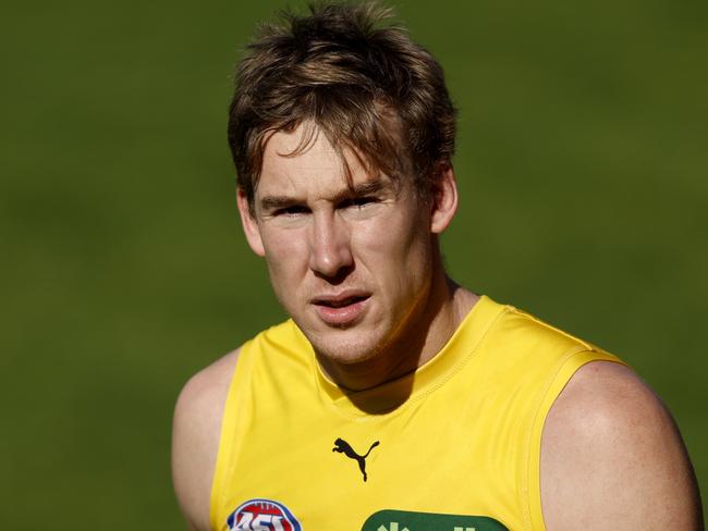 MELBOURNE, AUSTRALIA - AUGUST 22: Tom Lynch of the Tigers looks on during a Richmond Tigers AFL training session at Punt Road Oval on August 22, 2024 in Melbourne, Australia. (Photo by Darrian Traynor/Getty Images)