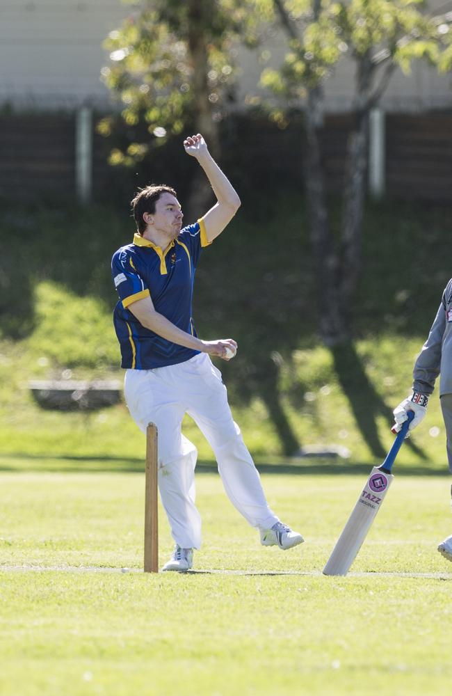 Benjamin Sheehan bowls for University Phoenix against Souths Crows 2 in Toowoomba Cricket C Grade One Day semi final at Centenary Heights SHS oval, Saturday, December 9, 2023. Picture: Kevin Farmer