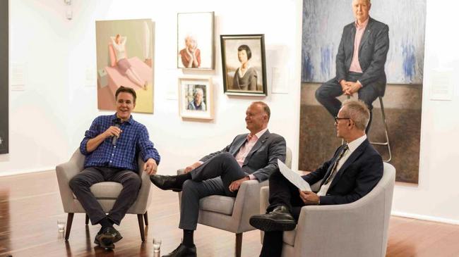 Twelve-time Archibald finalist Paul Newton, chair of Australia Council for Arts Rupert Myer AM and NSW Art Gallery director Dr Michael Brand in conversation during Friday night's Archibald Prize opening at the Grafton Regional Gallery. Picture: SIMONHUGHESPHOTO@gmail.com