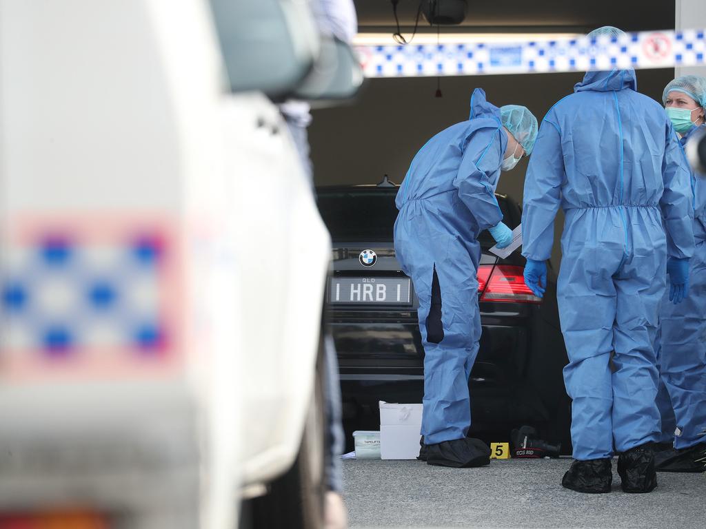 Police at the scene of the Pimpama address where former bikie Shane Bowden was found murdered on Monday morning. Picture: Annette Dew