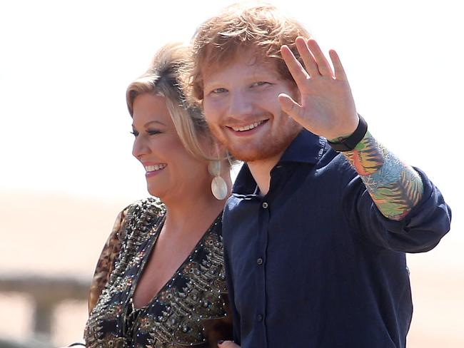 24/03/15 Sydney, N.S.W. Australia Ed Sheeran and Emily Symons (Marilyn) filming a scene on Home and Away, Palm Beach Picture by Andrew Murray