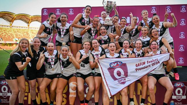 Southport Sharks win the 2024 Bond University QAFLW Seniors. Credit: Queensland AFL Media and Highflyer Images