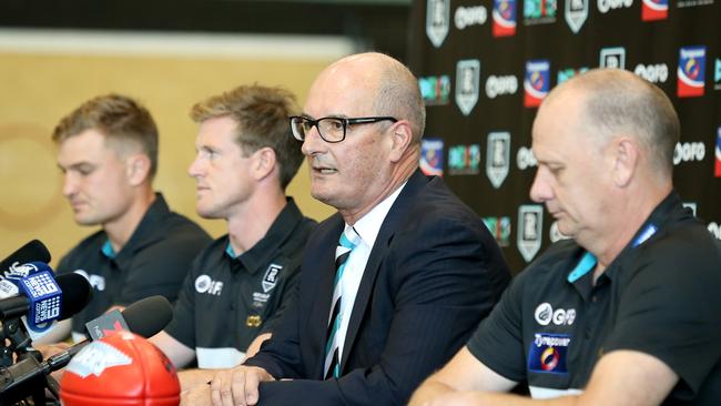 Port Adelaide chairman David Koch addressed the media after announcing the Power’s captaincy plans for 2020. Picture: AAP Image/Kelly Barnes