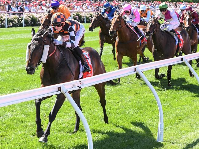 Baraqiel ridden by Ben Allen wins the Mittys McEwen Stakes at Moonee Valley Racecourse on October 26, 2024 in Moonee Ponds, Australia. (Photo by Brett Holburt/Racing Photos via Getty Images)