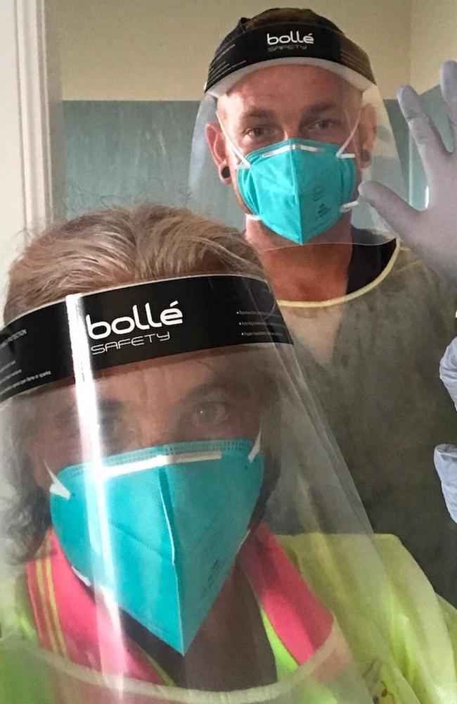 Carol Willcox and grandson Tate Symes dressed in PPE at Jeta Gardens last week, to se their dying relative Ruth Symes, who died at Jeta Gardens on February 2.