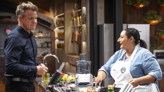 Gordon Ramsay supervises a challenge with contestant Rose Adam, on MasterChef Australia. Picture: Supplied/Tina Smigielski