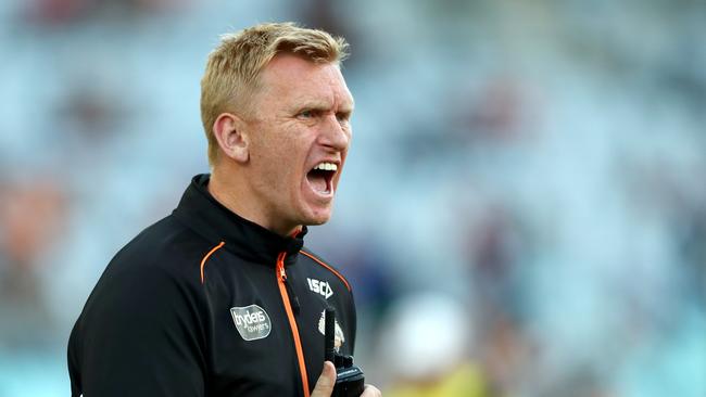 Tigers coach Andrew Webster during the round 5 NRL game between the Wests Tigers and the St George Illawarra Dragons at ANZ Stadium , Homebush . Picture : Gregg Porteous