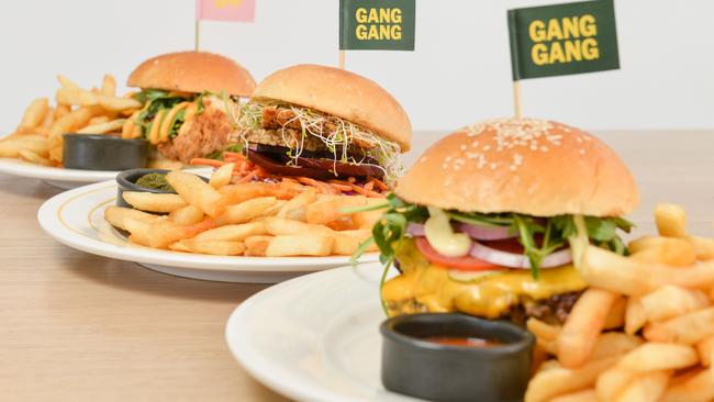 Gang Gang’s Cardi B Signature Chicken burger, Gods Plan classic cheeseburger and Tinie Tempah Indonesian Inspired Vegan burger. Picture: Brenton Edwards