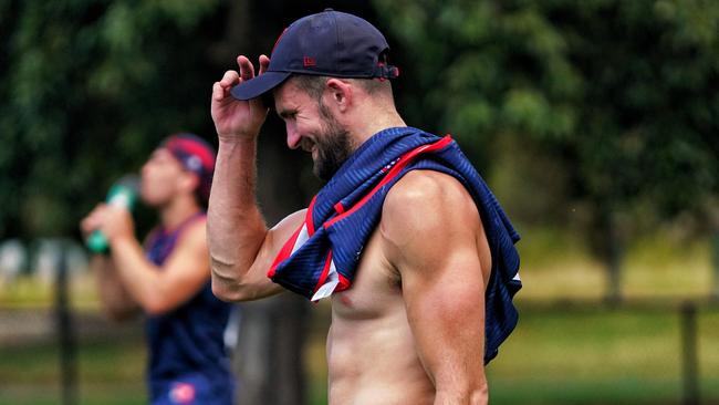 Melbourne defender Joel Smith at training today. Credit: Tess Gellie