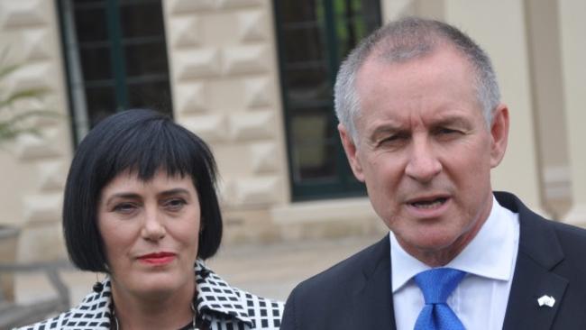 Leesa Vlahos with Premier Jay Weatherill after a swearing-in to Cabinet. Picture: Michael Ramsey/AAP