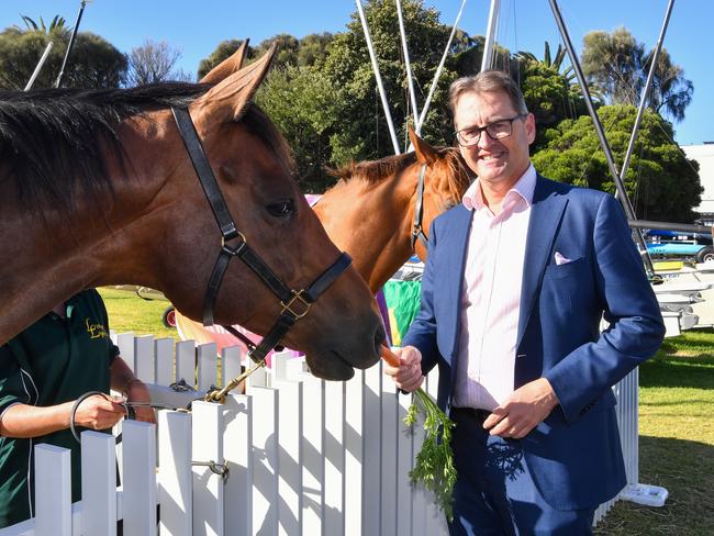 Racing Victoria CEO Andrew Jones with retired racehorse Harlem at The Festival of Racing Launch at Port Melbourne Yacht Club on February 06, 2024 in Melbourne, Australia. (Photo by Pat Scala/Racing Photos via Getty Images)