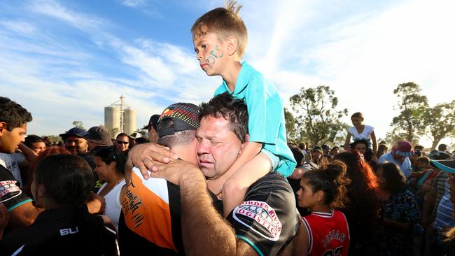 Sunday for Monday Embargoed till 18/9..... The Macintyre Warriors from Boggabilla play the Narwan Eels in the Rugby League 1st grade grand final at the Boggabilla Sports Ground. Jubilation as the Warriors win the grand final. Ricky McGrady  Pic Nathan Edwards