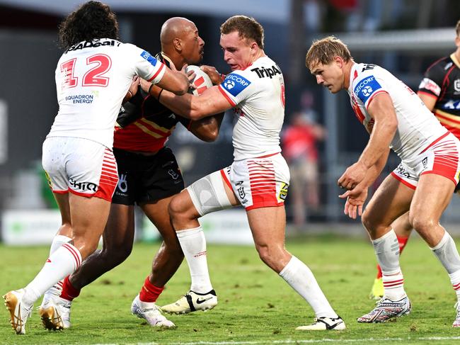 The Dragons struggled to contain the Dolphins’ attack. Picture: Bradley Kanaris/Getty Images