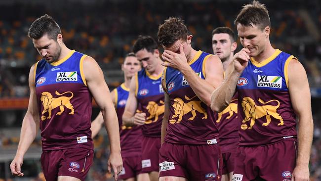 The Lions leave the field after last year’s preliminary final loss to the Cats. Picture: Quinn Rooney/Getty Images