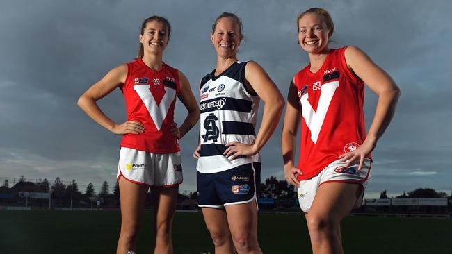 Panthers captain Lauren Buchanan (centre) with Roosters co-captains Nadia Von Bertouch and Leah Tynan. Picture: Tom Huntley