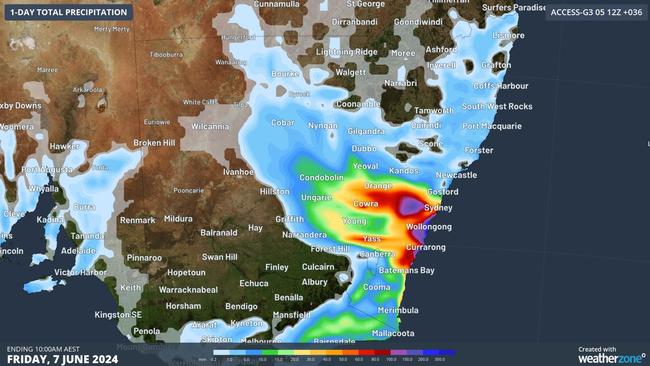 The accumulated 24 hour rainfall total to 10am Friday according to Access-G. Picture: Supplied / Weatherzone