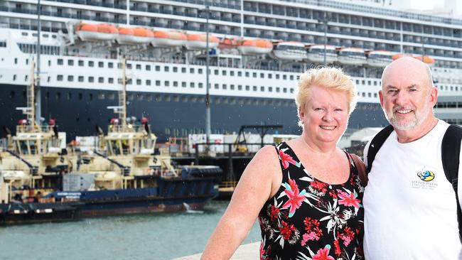 The largest ship to visit Australia, The Queen Mary 2, has docked in Darwin today. Passengers Sheila and Henry Milner outside the Queen Mary 2.