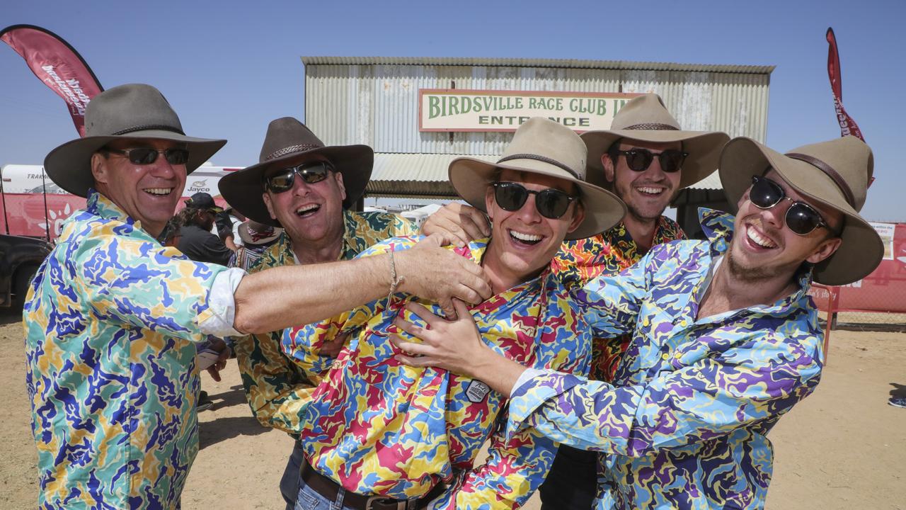 Brandon Hendrey and his crew celebrated his Buck’s Party at this year’s Birdsville Races. Picture: Salty Dingo