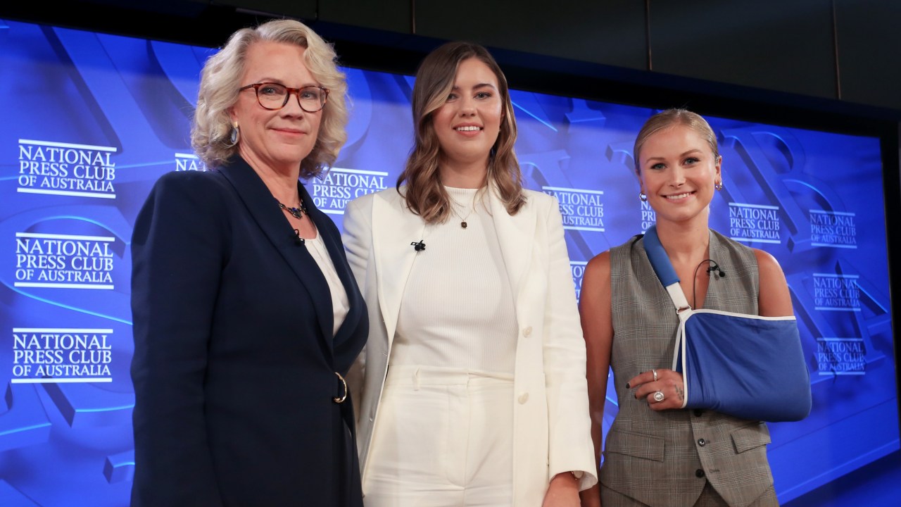 CANBERRA, AUSTRALIA - FEBRUARY 09: National Press Club President, Laura Tingle poses with Brittany Higgins and Grace Tame at the National Press Club on February 09, 2022 in Canberra, Australia.
