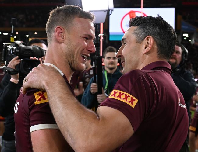 Billy Slater (R) and Daly Cherry-Evans celebrate victory (Photo by Bradley Kanaris/Getty Images)