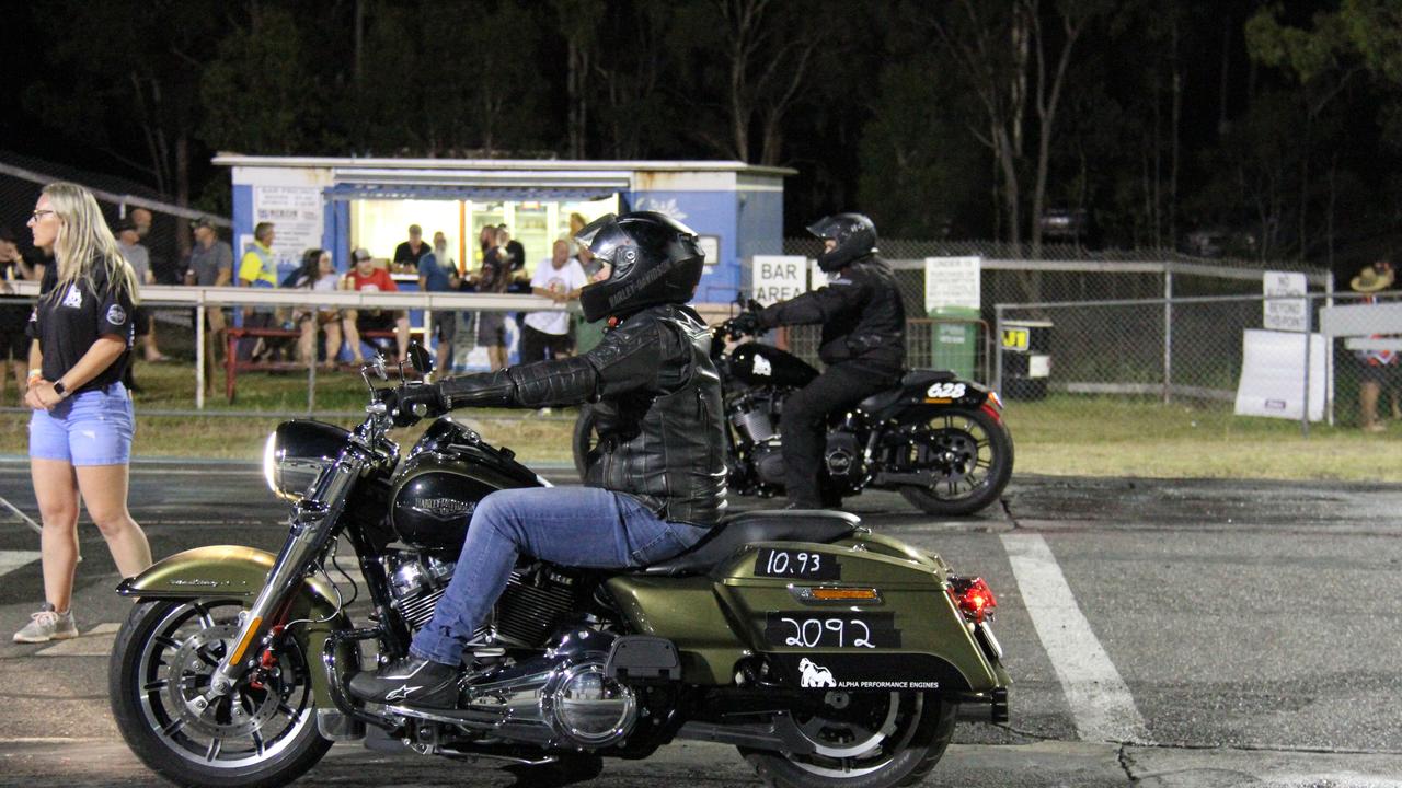 Harbour City Harley Davidson owner Mark Harris (foreground) and Nick Falzon line up for the final of Super-Twins at Benaraby dragway. Picture: Rodney Stevens