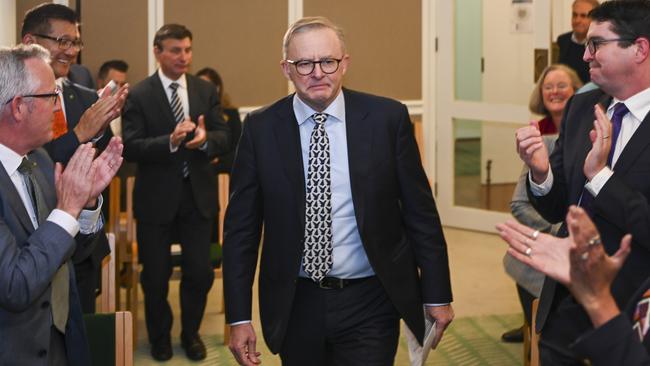 Mr Albanese addresses a caucus meeting ahead of the 2023 Federal Budget at Parliament House in Canberra. Picture: NCA NewsWire / Martin Ollman