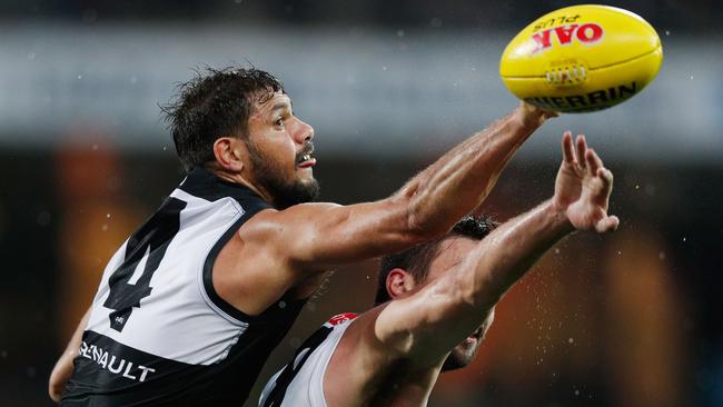 Port Adelaide ruckman Paddy Ryder wins a tap. (Photo by Michael Dodge/Getty Images)