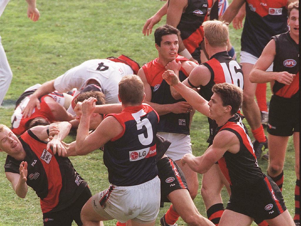 Darren Bewick, David Schwarz, Matthew Lloyd, Guy Rigoni and Paul Barnard bring back the biff in the 2000 grand final.