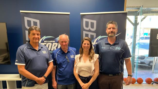 Bellarine Peninsula Basketball Association vice president Gary Thompson, president Tony Kane, Member for Bellarine Alison Marchant and general manager Aarron Lothian. Picture: Bellarine Peninsula Basketball Association.