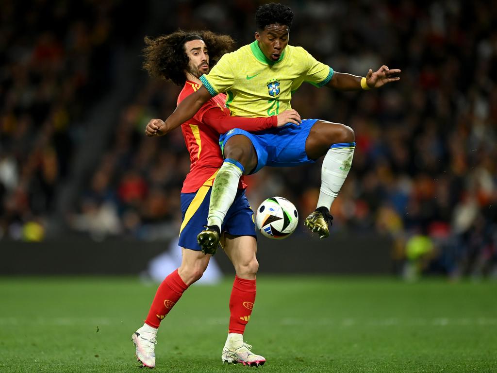 Endrick of Brazil is challenged by Marc Cucurella of Spain during the friendly match between in Madrid. Picture: Denis Doyle/Getty Images
