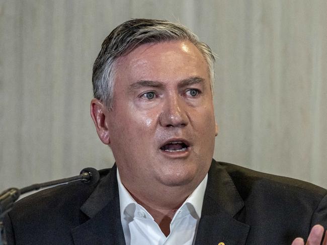 Mark Anderson, Eddie McGuire, Jodie Sizer and Peter Murphy from the Collingwood Football Club hold a press conference to discuss the release of the club's CGC Better Report. Eddie McGuire speaks during the press conference. Picture: Jake Nowakowski