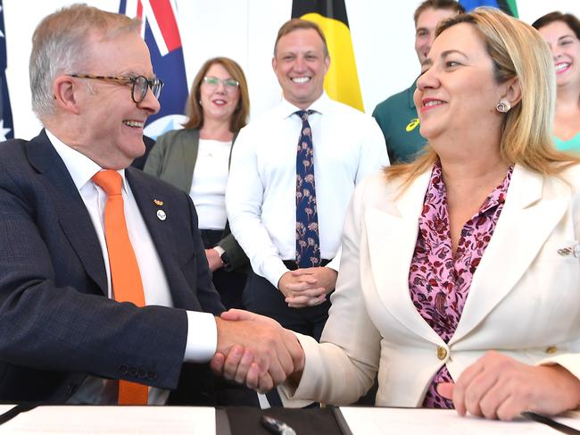 Prime Minister Anthony Albanese and Premier Annastacia Palaszczuk seal the deal in Brisbane on Friday. Picture: John Gass/NCA NewsWire