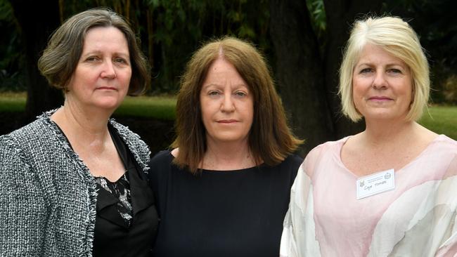 Karen Knight, widow of Corporal Darren Oldham, Deanne Bird, widow of Corporal Michael Bird and Gaye Tombs, widow of Corporal Brett Tombs. Picture: Evan Morgan