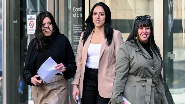 Sisters Nicole Meyer, Elly Sapper, and Dassi Erlich leave the County Court in Melbourne on August 24, 2023 after ex-headmistress Malka Leifer was sentenced to 15 years in jail. Picture: AFP