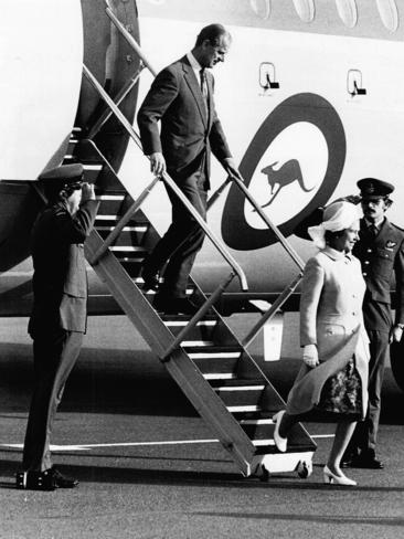 The Queen and Prince Phillip arriving at Hobart Airport in 1977.