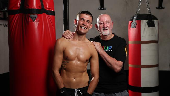 Garside with trainer Johnny Lewis, who recently dropped him as a client – and blew his I’m A Celeb secret. Picture: No Limit Boxing/Brett Costello