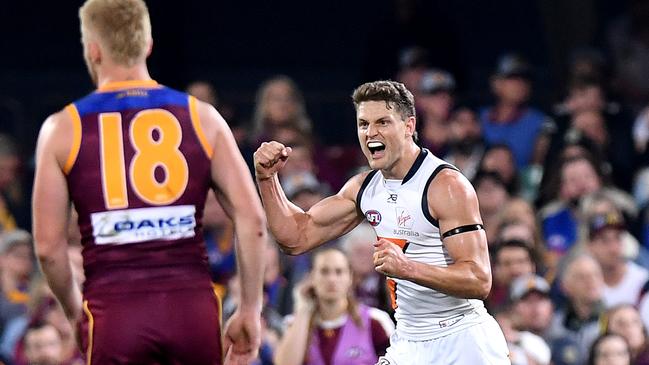 Jacob Hopper of the Giants celebrates kicking a goal during the AFL Semi Final match against the Brisbane Lions.