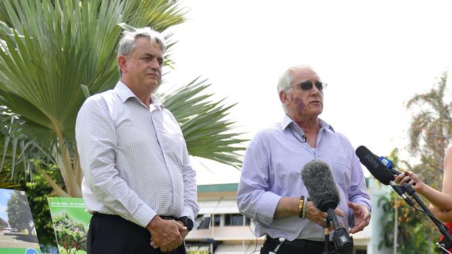 Darwin council’s general manager of engineering and city services Ron Grinsell, left, with Lord Mayor Kon Vatskalis at a press conference in February. Picture: Che Chorley