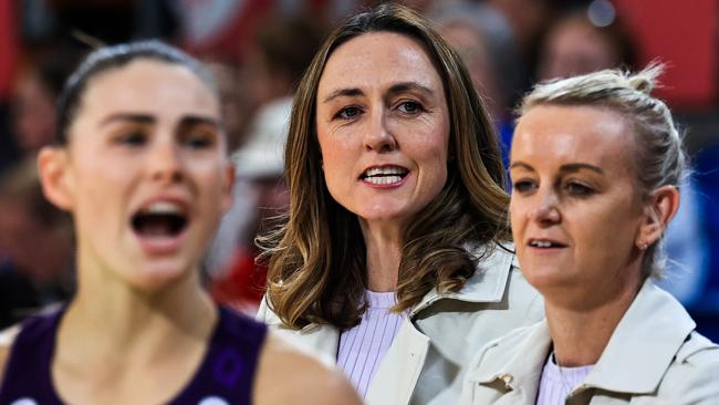 Now former Firebirds coach Bec Bulley (C), with her replacement Lauren Brown (right) and player Macy Gardner (left) ahead of what would be her final match in charge. Picture:: Getty Images