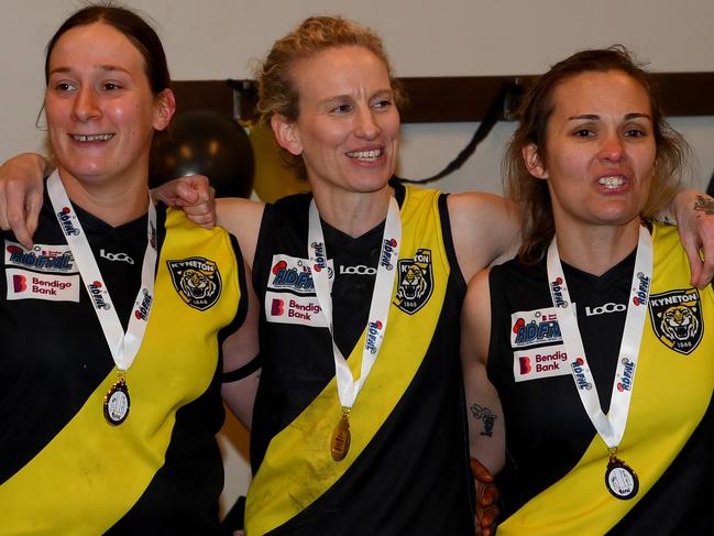 Kyneton sing the song in the rooms after winning the 2023 Rookie Me RDFNL WomenÃs Grand Final match between Kyneton and Macedon at Gilbert Gordon Oval in Woodend, Victoria on August 5, 2023. (Photo by Josh Chadwick)