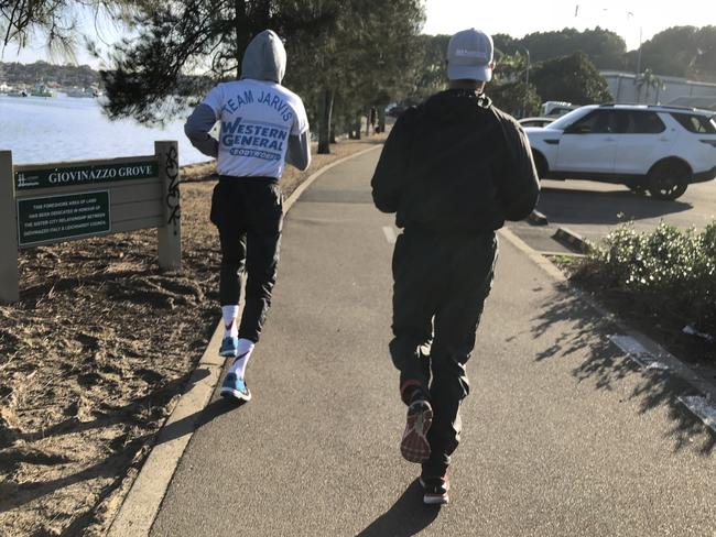 Jarvis (L) and Dib (R) doing roadwork on the Bay Run in 2018. Picture: Brendan Bradford